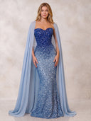 Mermaid Evening Dresses Sequin Strapless Floor Length Formal Party Dress with Cape/Back Zipper