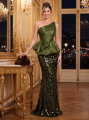 Mermaid Evening Dresses Sequin One Shoulder Floor Length Formal Dress with Pleats/Back Zipper