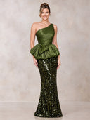 Mermaid Evening Dresses Sequin One Shoulder Floor Length Formal Dress with Pleats/Back Zipper