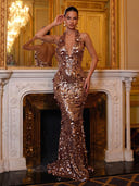 Mermaid Evening Dresses Sequin Halter Floor Length Formal Party Dress with 3D Flower/Back Zipper
