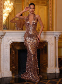 Mermaid Evening Dresses Sequin Halter Floor Length Formal Party Dress with 3D Flower/Back Zipper