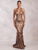 Mermaid Evening Dresses Sequin Halter Floor Length Formal Party Dress with 3D Flower/Back Zipper