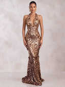 Mermaid Evening Dresses Sequin Halter Floor Length Formal Party Dress with 3D Flower/Back Zipper