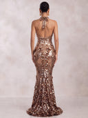 Mermaid Evening Dresses Sequin Halter Floor Length Formal Party Dress with 3D Flower/Back Zipper