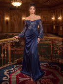 Mermaid Evening Dresses Satin Off Shoulder Floor Length Formal Dress with Sequin/Back Zipper
