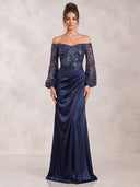 Mermaid Evening Dresses Satin Off Shoulder Floor Length Formal Dress with Sequin/Back Zipper