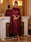 A Line Evening Dresses Satin Crew Neck Tea Length Cape Sleeves Formal Dress with Tassel/Back Zipper