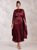 A Line Evening Dresses Satin Crew Neck Tea Length Cape Sleeves Formal Dress with Tassel/Back Zipper
