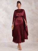 A Line Evening Dresses Satin Crew Neck Tea Length Cape Sleeves Formal Dress with Tassel/Back Zipper