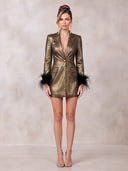 Brown Evening Dresses Metallic Satin V Neck Mini Party Dress with Fether/Back Zipper