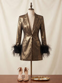 Brown Evening Dresses Metallic Satin V Neck Mini Party Dress with Fether/Back Zipper