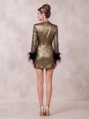 Brown Evening Dresses Metallic Satin V Neck Mini Party Dress with Fether/Back Zipper