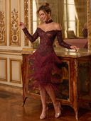Mermaid Evening Dresses Sequin Lace Off Shoulder Tea Length Cocktail Party Dress with Tassel/Back Zipper