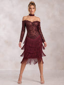 Mermaid Evening Dresses Sequin Lace Off Shoulder Tea Length Cocktail Party Dress with Tassel/Back Zipper