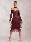 Mermaid Evening Dresses Sequin Lace Off Shoulder Tea Length Cocktail Party Dress with Tassel/Back Zipper