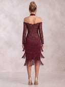 Mermaid Evening Dresses Sequin Lace Off Shoulder Tea Length Cocktail Party Dress with Tassel/Back Zipper