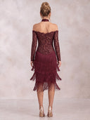 Mermaid Evening Dresses Sequin Lace Off Shoulder Tea Length Cocktail Party Dress with Tassel/Back Zipper