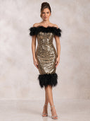 Mermaid Evening Dresses Sequin Off Shoulder Midi Length Cocktail Party Dress with Fether/Back Zipper