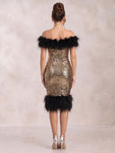 Mermaid Evening Dresses Sequin Off Shoulder Midi Length Cocktail Party Dress with Fether/Back Zipper