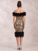 Mermaid Evening Dresses Sequin Off Shoulder Midi Length Cocktail Party Dress with Fether/Back Zipper