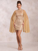 Mermaid Evening Dresses Sequin High Neck Mini Length Cocktail Party Dress with Chiffon Cape/Back Zipper