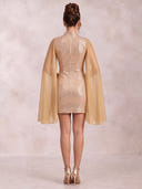 Mermaid Evening Dresses Sequin High Neck Mini Length Cocktail Party Dress with Chiffon Cape/Back Zipper