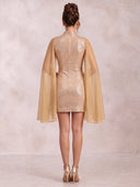 Mermaid Evening Dresses Sequin High Neck Mini Length Cocktail Party Dress with Chiffon Cape/Back Zipper