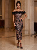Mermaid Evening Dresses Sequin Off Shoulder Midi Length Cocktail Party Dress with Tulle Pleats/Back Zipper