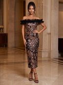 Mermaid Evening Dresses Sequin Off Shoulder Midi Length Cocktail Party Dress with Tulle Pleats/Back Zipper