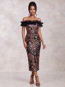 Mermaid Evening Dresses Sequin Off Shoulder Midi Length Cocktail Party Dress with Tulle Pleats/Back Zipper