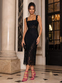 Mermaid Evening Dresses Lace Square Neck Midi Length Cocktail Party Dress with Pleats/Back Zipper