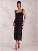 Mermaid Evening Dresses Lace Square Neck Midi Length Cocktail Party Dress with Pleats/Back Zipper