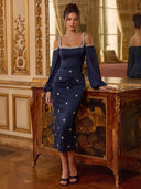 Mermaid Evening Dresses Satin Square Neck Tea Length Long Sleeves Cocktail Party Dress with Beads/Back Zipper