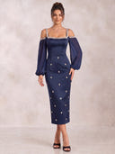 Mermaid Evening Dresses Satin Square Neck Tea Length Long Sleeves Cocktail Party Dress with Beads/Back Zipper