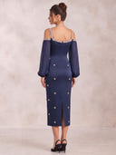Mermaid Evening Dresses Satin Square Neck Tea Length Long Sleeves Cocktail Party Dress with Beads/Back Zipper