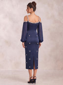 Mermaid Evening Dresses Satin Square Neck Tea Length Long Sleeves Cocktail Party Dress with Beads/Back Zipper