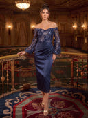 Mermaid Evening Dresses Satin Off Shoulder Tea Length Formal Dress with Sequin/Back Zipper