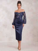 Mermaid Evening Dresses Satin Off Shoulder Tea Length Formal Dress with Sequin/Back Zipper