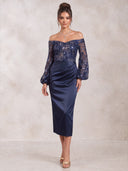 Mermaid Evening Dresses Satin Off Shoulder Tea Length Formal Dress with Sequin/Back Zipper