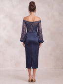 Mermaid Evening Dresses Satin Off Shoulder Tea Length Formal Dress with Sequin/Back Zipper