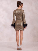 Mermaid Evening Dresses Sequin V Neck Mini Length Cocktail Party Dress with Feather/Back Zipper