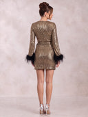 Mermaid Evening Dresses Sequin V Neck Mini Length Cocktail Party Dress with Feather/Back Zipper