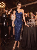 Mermaid Evening Dresses Sequin Lace One Shoulder Ankle Length Cocktail Party Dress with Satin/Back Zipper