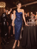 Mermaid Evening Dresses Sequin Lace One Shoulder Ankle Length Cocktail Party Dress with Satin/Back Zipper