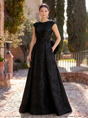 Jacquard Long Evening Dresses A Line Cap Sleeves Formal Dress Wedding Guest