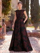 Jacquard Long Evening Dresses A Line Cap Sleeves Formal Dress Wedding Guest