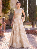 Jacquard Long Evening Dresses A Line Cap Sleeves Formal Dress Wedding Guest