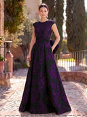 Jacquard Long Evening Dresses A Line Cap Sleeves Formal Dress Wedding Guest