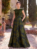 Jacquard Long Evening Dresses A Line Cap Sleeves Formal Dress Wedding Guest