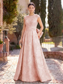 Jacquard Long Evening Dresses A Line Cap Sleeves Formal Dress Wedding Guest